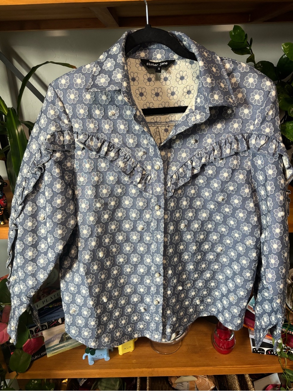 Sister Jane Blue Floral Ruffle Button-Up Shirt | Small
